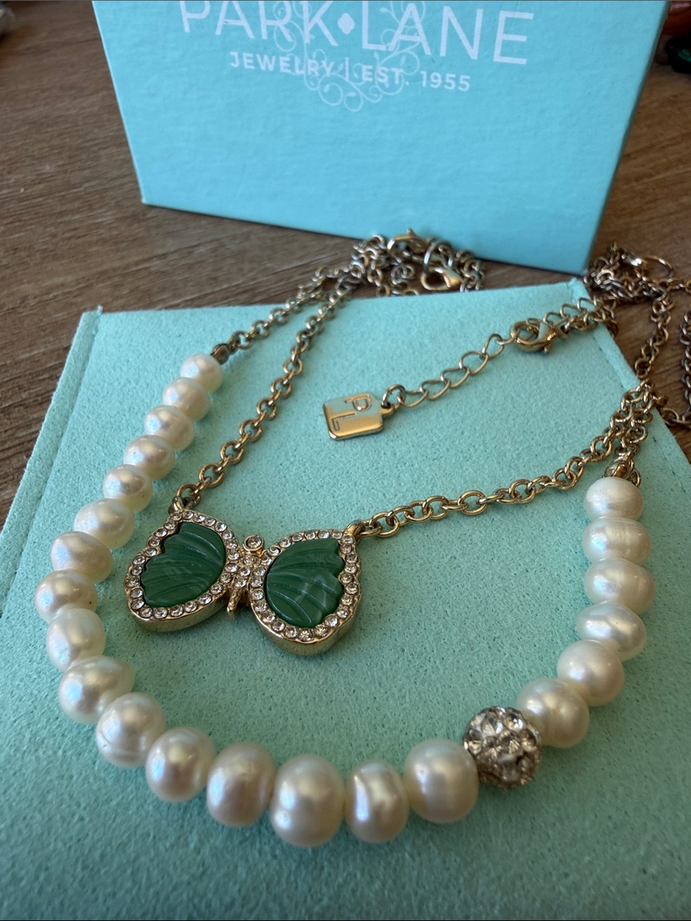 Park Lane Gold-Tone Pearl Necklace with Green Bow Crystal Pendant